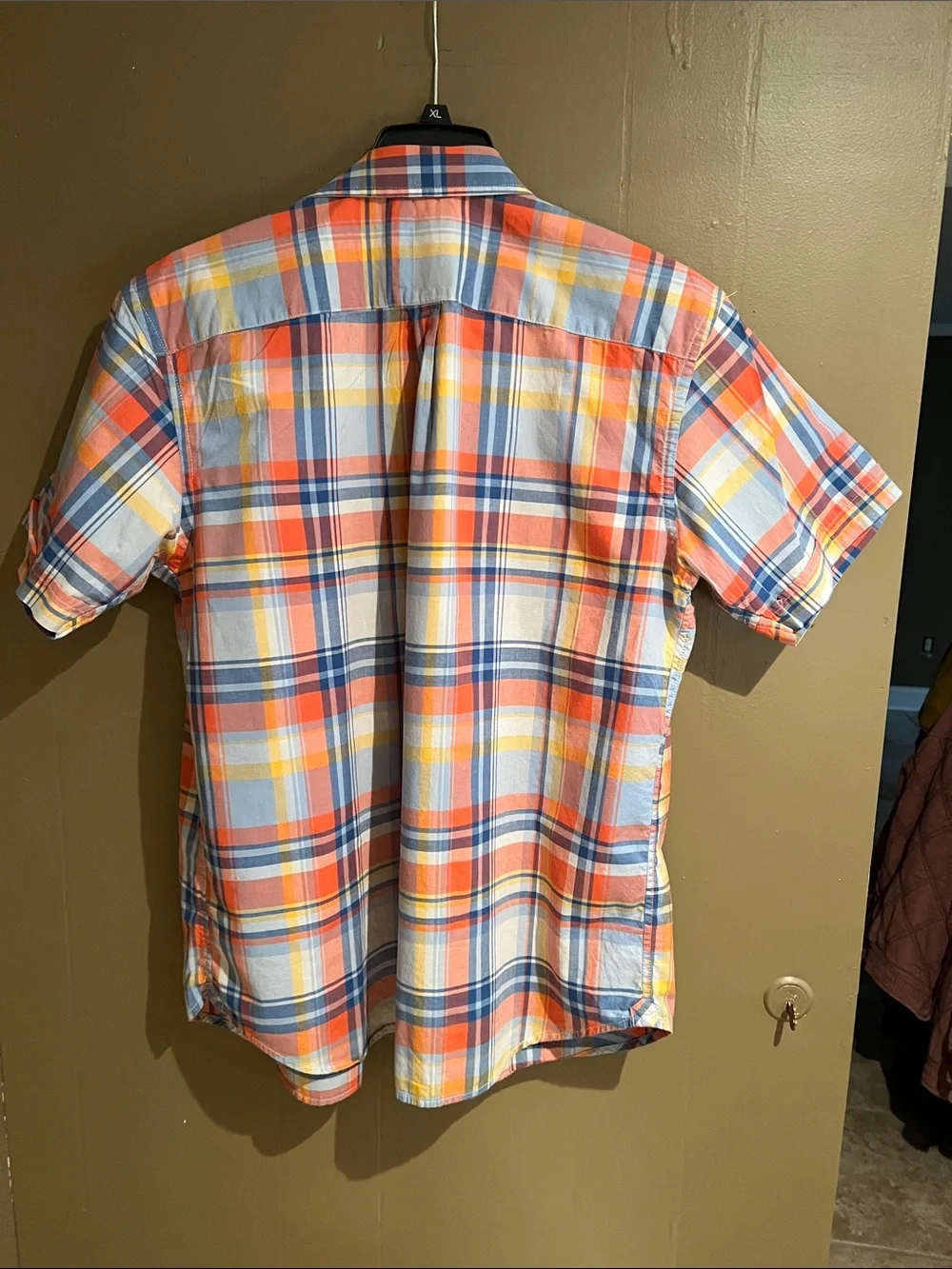 Banana Republic Short-Sleeve Plaid Button-Up Shirt — Orange, Blue & Yellow Sz L